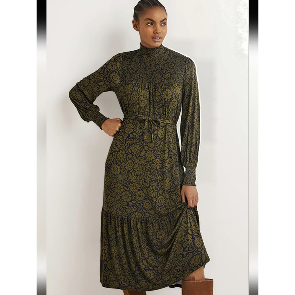 Boden High Neck Smocked Olive and Navy Floral Long Sleeve Midi Maxi Dress Size 6